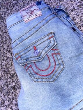 True Religion Light Blue Skinny Jeans with Red Contrast Stitching